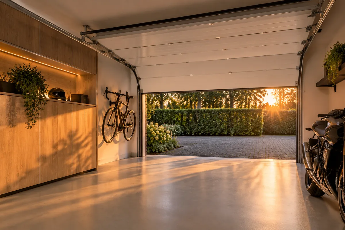 Opgeruimde garage van binnen met een half geopende sectionaaldeur en zonlicht